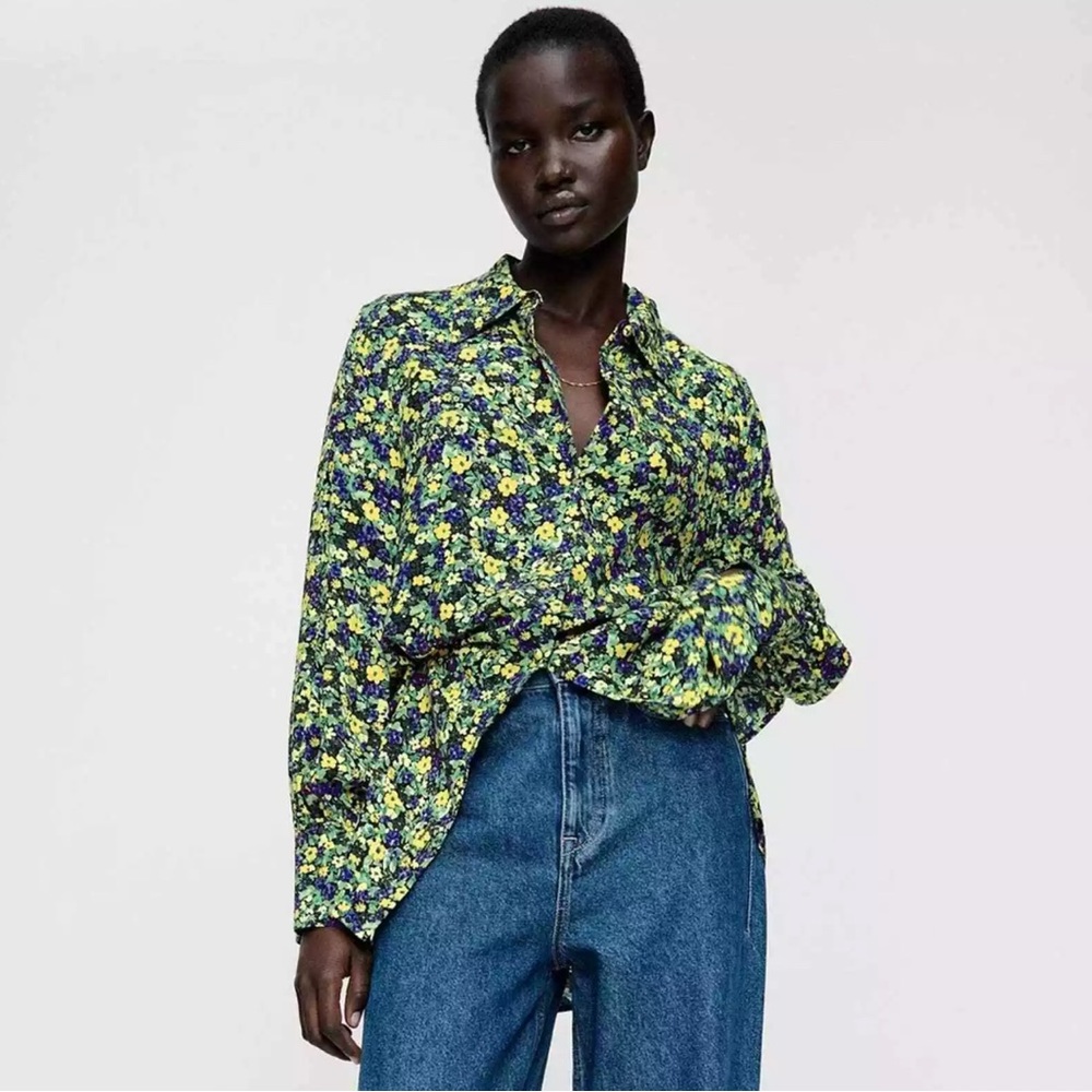 Zara Purple Green & Yellow Floral Printed Buttoned Blouse
